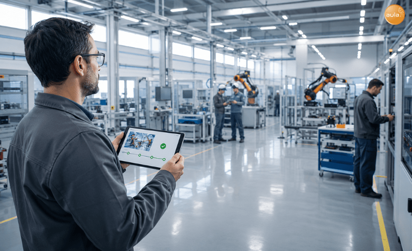 Ingeniero industrial aplicando los conocimientos adquiridos mediante formación online en una planta de producción automatizada