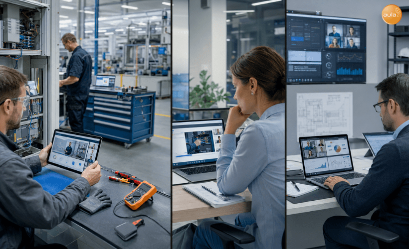 Profesionales de la industria realizando formación online desde diferentes lugares para mejorar sus competencias técnicas y profesionales.