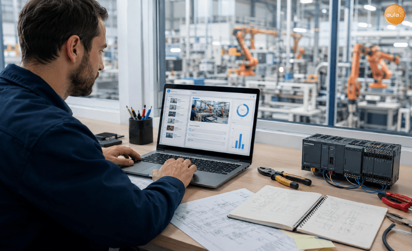 Trabajador industrial realizando un curso de formación online desde un ordenador mientras aprende automatización industrial en un entorno profesional.