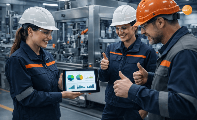 Equipo de mantenimiento industrial validando mejoras de proceso tras una intervención en una línea de producción