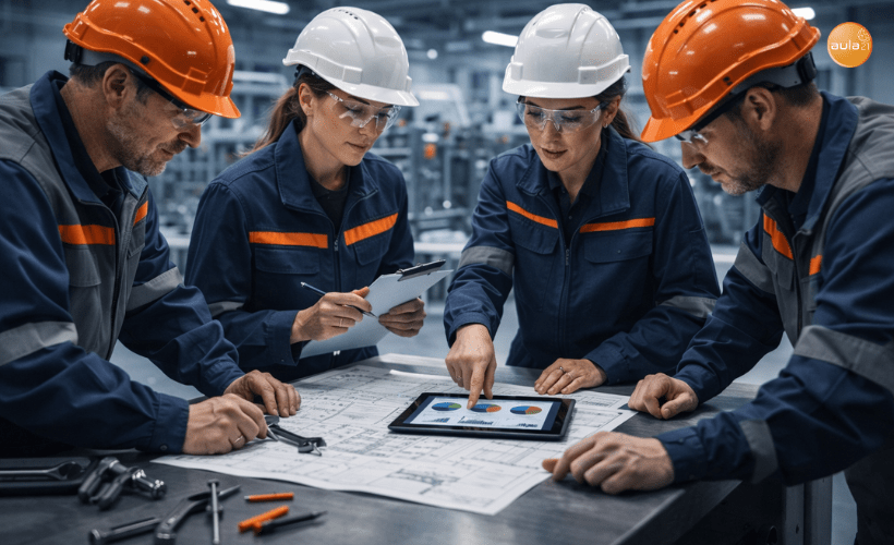 Equipo técnico aplicando el ciclo PDCA para mejorar procesos de mantenimiento industrial en planta