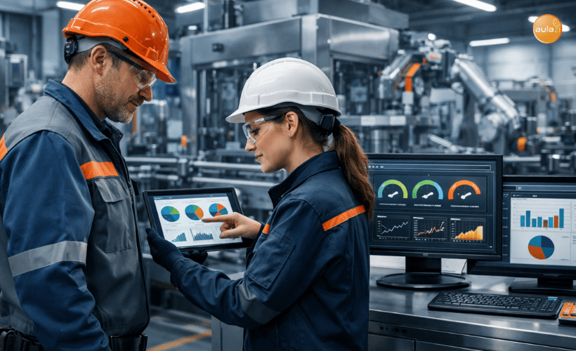 Mejora continua en el mantenimiento industrial con técnicos revisando KPI y estado de equipos en una planta moderna