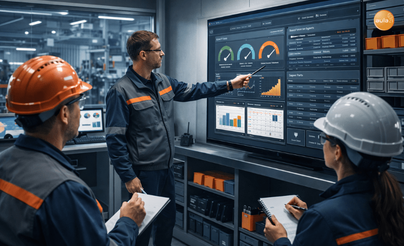 Responsable de mantenimiento analizando KPI, activos críticos y órdenes de trabajo en un sistema GMAO industrial