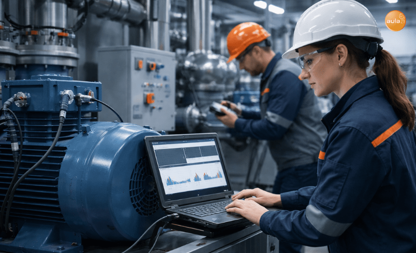 Técnicos aplicando mantenimiento predictivo y monitoreo por condición en un equipo crítico de planta industrial