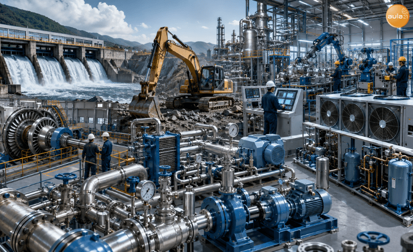 Aplicaciones de la mecánica de fluidos en centrales hidroeléctricas, sistemas hidráulicos, automatización industrial y procesos de transporte de líquidos y gases.