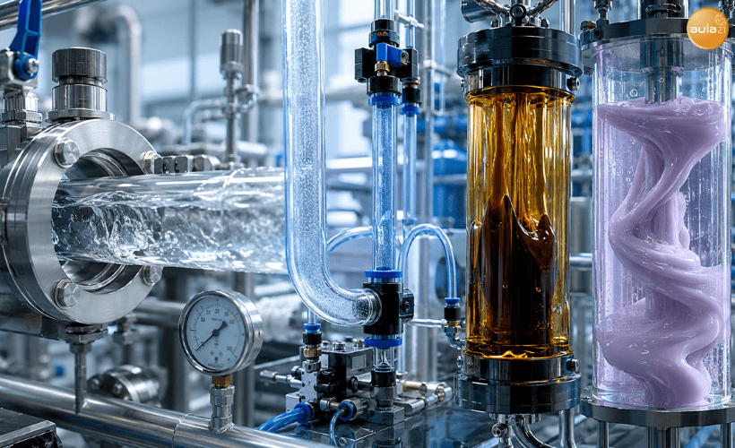 Comparación visual de distintos tipos de fluidos utilizados en la industria, incluyendo agua, aire comprimido, aceite hidráulico y fluidos de alta viscosidad.