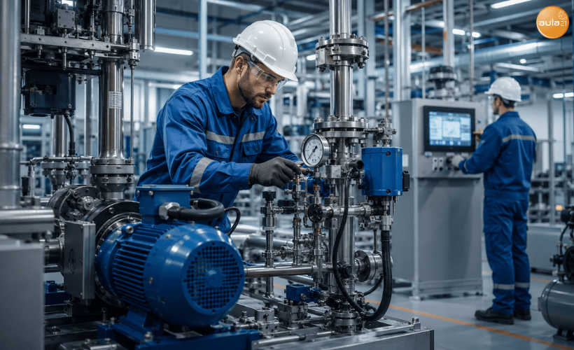 Técnico inspeccionando un sistema hidráulico y neumático en una planta industrial para optimizar el funcionamiento de equipos mediante los principios de la mecánica de fluidos.