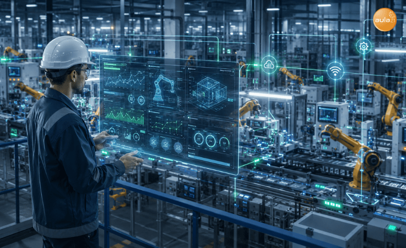 Fábrica inteligente conectada con sensores IoT, robots industriales y software Java para industria 4.0