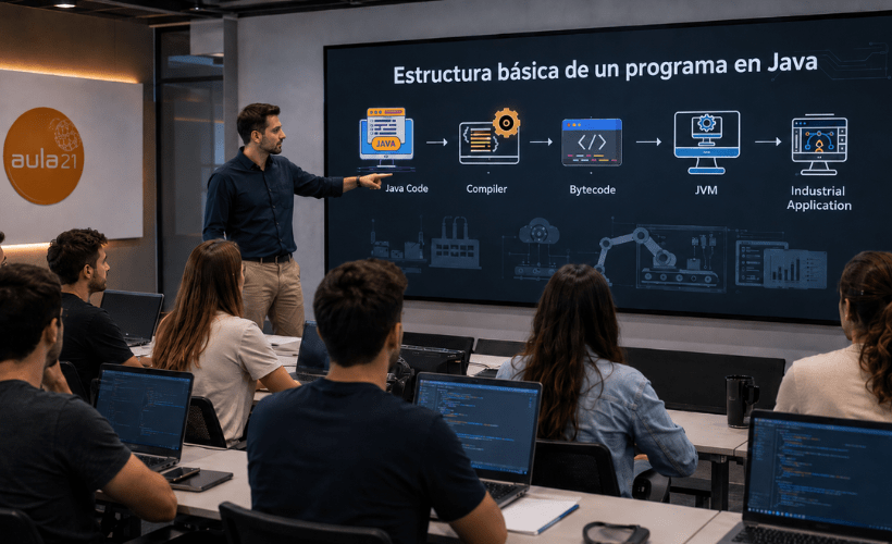 Profesor explicando el funcionamiento de Java aplicado a la industria a un grupo de alumnos con portátiles en un aula técnica de formación.
