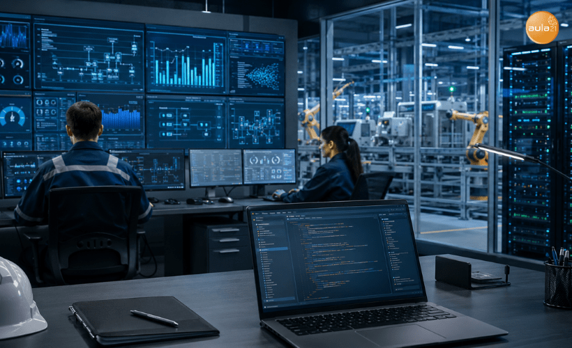 Técnicos supervisando aplicaciones industriales, datos de producción y sistemas conectados desarrollados con Java