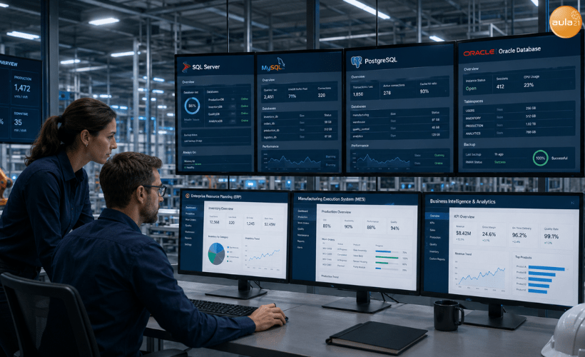 Profesionales industriales analizando datos SQL en una sala de control con sistemas ERP, MES y paneles de producción.
