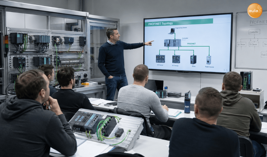 Clase de automatización industrial con profesor explicando PROFINET a alumnos adultos, usando una pantalla con topología de red y equipos PLC reales