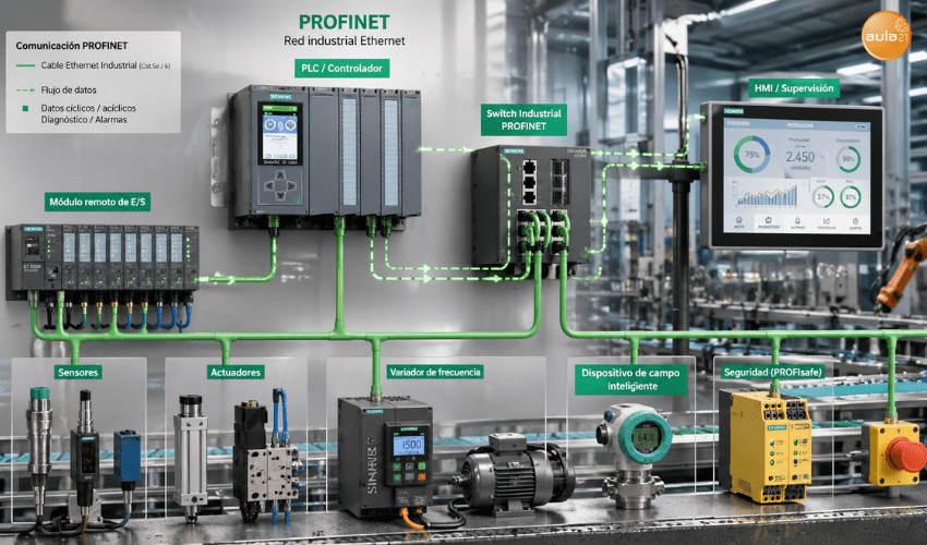 Funcionamiento de una red PROFINET con PLC, dispositivos de campo, switch industrial y HMI en un sistema de automatización