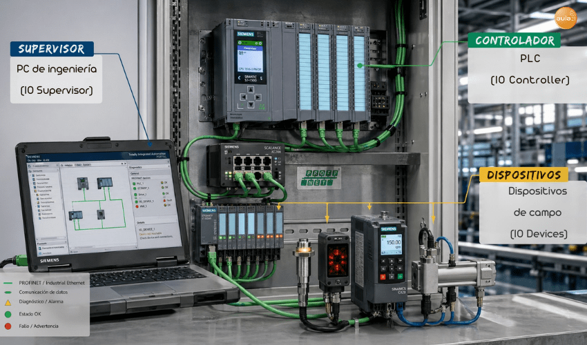 Red PROFINET con roles de supervisor, controlador PLC y dispositivos de campo conectados mediante Ethernet industrial en un sistema de automatización