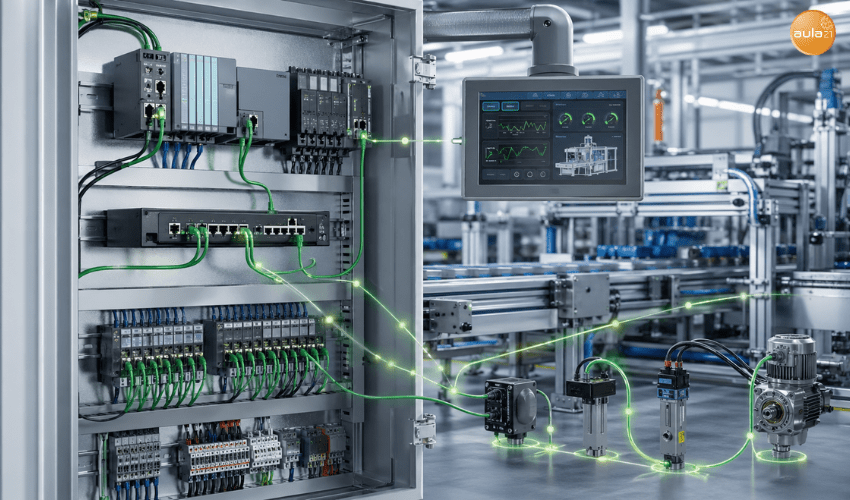 Red PROFINET en una línea de producción industrial conectando PLC, módulos de ES, HMI y variadores para mejorar la automatización