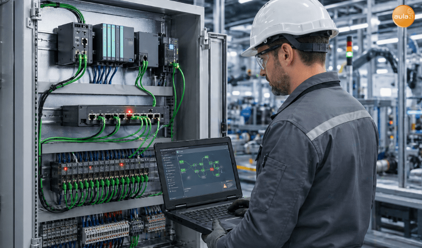 Técnico revisando errores de configuración en una red PROFINET con diagnóstico en PLC, switch industrial y dispositivos de campo