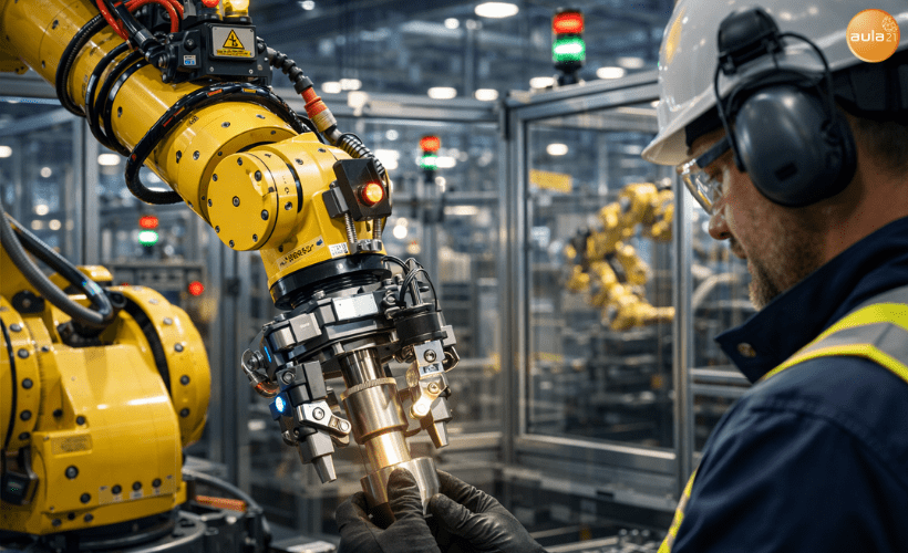 Brazo robótico industrial con efector final y sensores activos mientras un técnico supervisa su funcionamiento con guantes y casco, ilustrando la prevención de riesgos en robótica industrial.