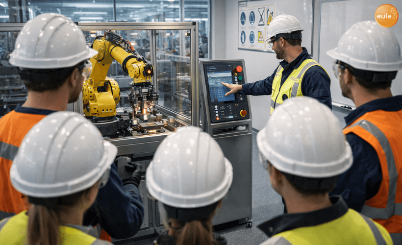 Instructores y técnicos aprendiendo a programar un robot industrial en un aula de formación, mostrando la importancia de la capacitación en seguridad y programación robótica.