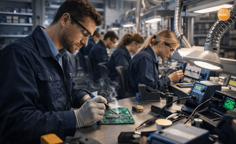 Profesor de electrónica industrial enseñando soldadura de estaño a alumnos con ropa de trabajo técnica en un aula-taller moderno.