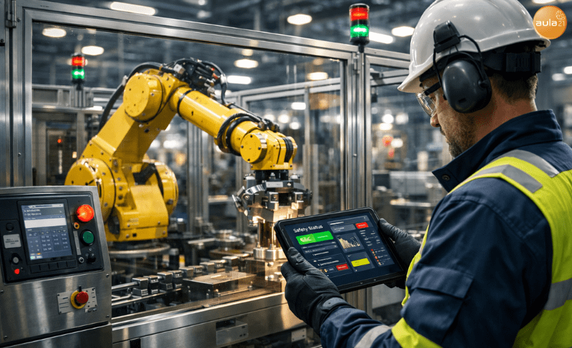 Técnico supervisando un robot industrial dentro de una celda segura con barreras de protección y luces de advertencia, simbolizando la seguridad y la colaboración en la robótica industrial moderna.