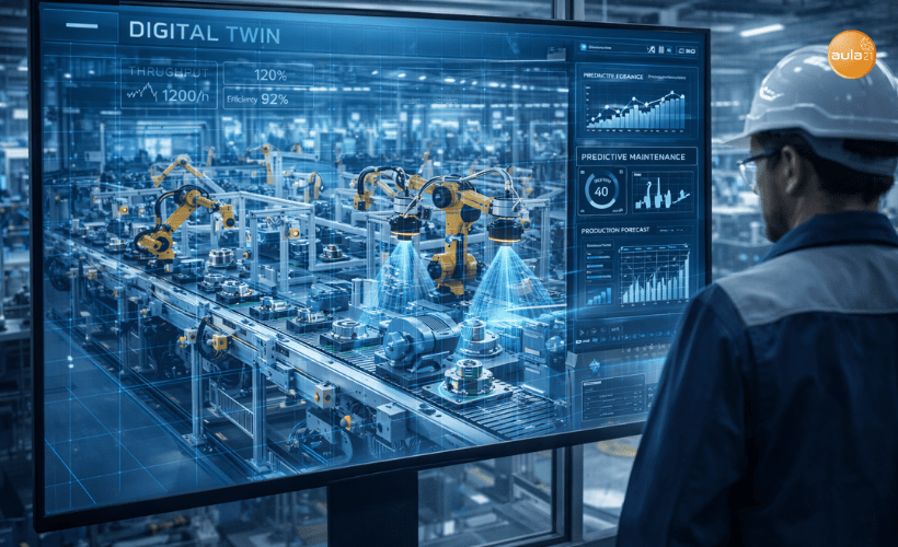 Ingeniero analizando gemelo digital de línea de producción para optimización mediante Inteligencia Artificial Industrial