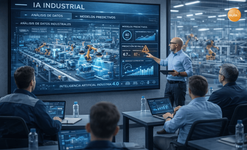 Profesor impartiendo curso de IA Industrial a profesionales técnicos en aula de formación especializada en industria 4.0