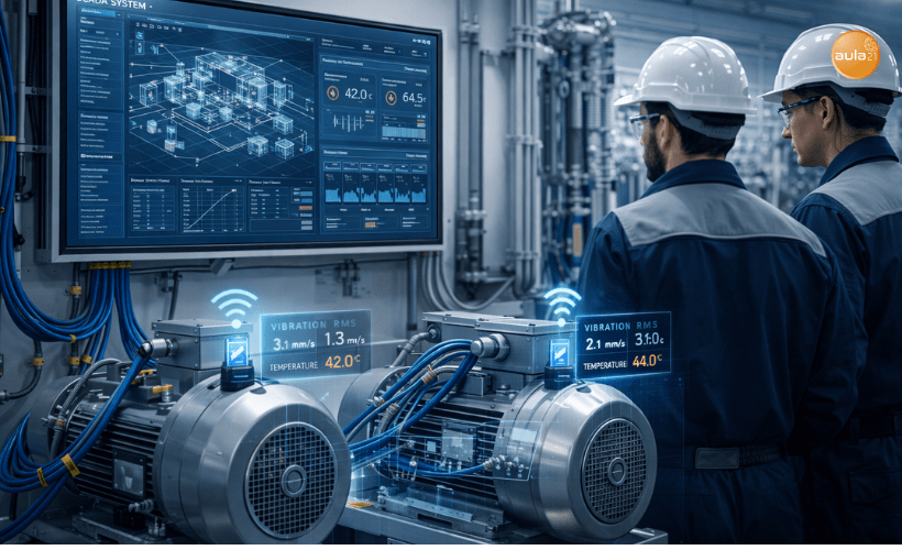 Sensores industriales capturando datos de vibración y temperatura para sistemas de IA Industrial en planta de producción