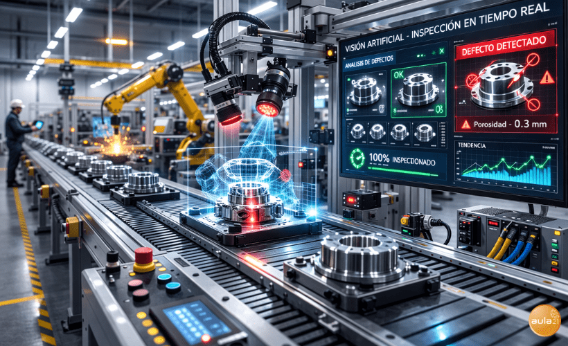Sistema de visión artificial inspeccionando piezas en línea de producción con apoyo de IA Industrial