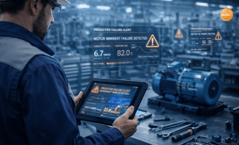 Técnico de mantenimiento analizando alerta predictiva generada por Inteligencia Artificial Industrial en planta