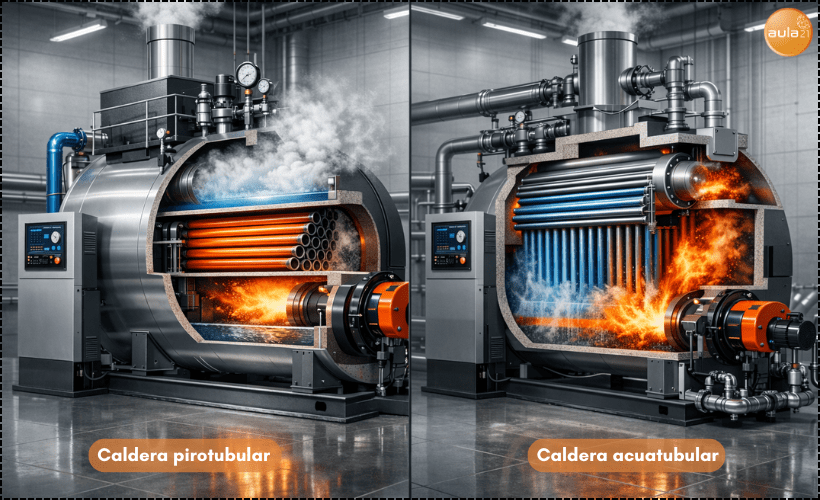 Comparativa visual entre caldera pirotubular y caldera acuatubular en una instalación industrial moderna