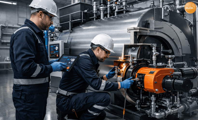 Técnicos de mantenimiento realizando trabajos de mantenimiento preventivo en una caldera industrial