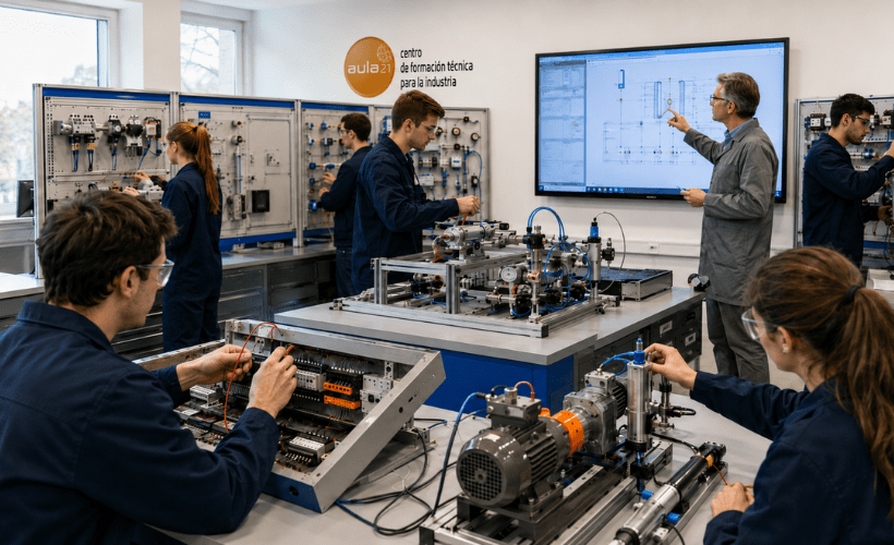 Alumnos realizando prácticas en cursos de mantenimiento industrial con equipos de automatización, electricidad y neumática