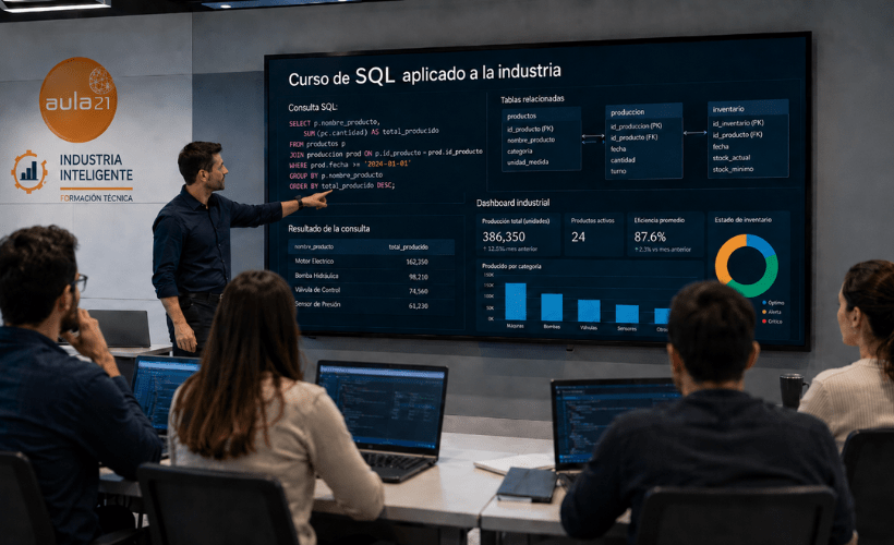 Profesor explicando SQL aplicado a la industria a un grupo de alumnos con portátiles en un aula técnica, con pantalla de consulta SQL, tablas relacionadas y panel de resultados.