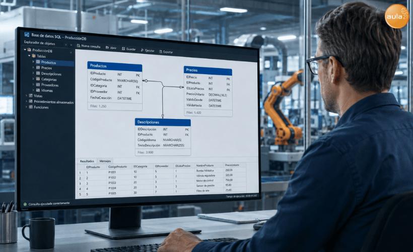 Técnico analizando una base de datos SQL con tablas relacionadas en una estación de control de una fábrica automatizada.