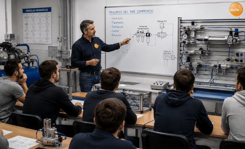 Curso de neumática industrial con explicación práctica de los principios del aire comprimido y demostración sobre un panel de entrenamiento neumático.