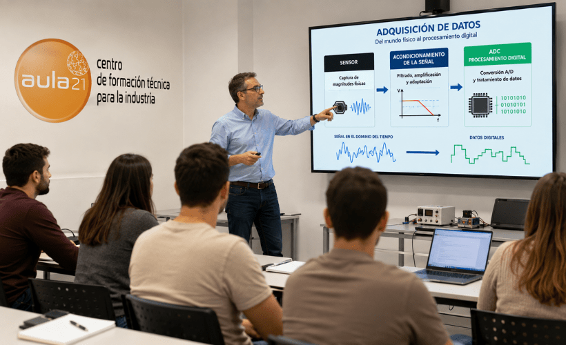 Profesor impartiendo una clase de adquisición de datos en aula21, centro de formación técnica para la industria, con alumnos y pantalla didáctica sobre sensores, acondicionamiento de señal y ADC.