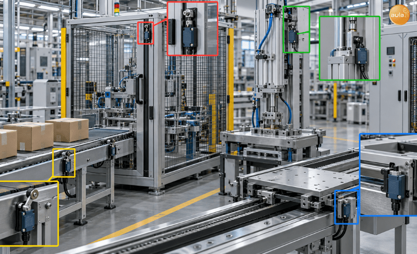 Aplicaciones de finales de carrera en una planta industrial con cinta transportadora, puerta de máquina, actuador lineal y mesa móvil.