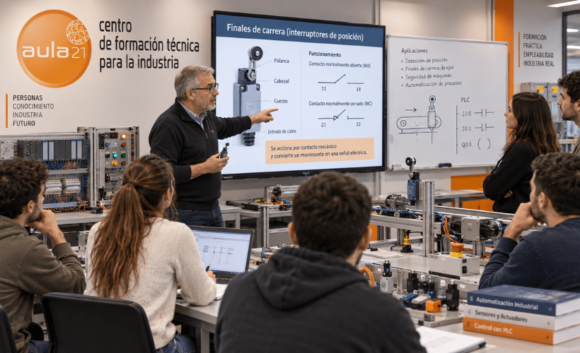 Curso de automatismos eléctricos en aula21 con explicación práctica sobre finales de carrera en un aula técnica industrial.