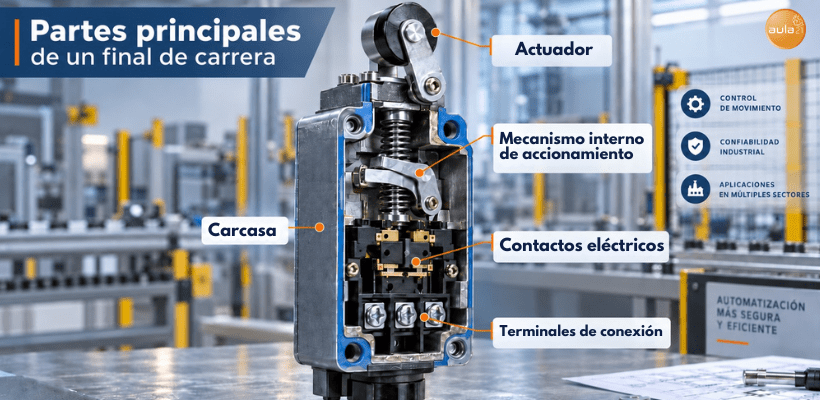 Partes principales de un final de carrera industrial: actuador, carcasa, mecanismo interno, contactos eléctricos y terminales de conexión
