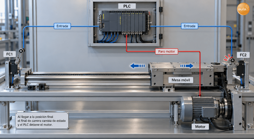 Representación de una mesa lineal con control por PLC y finales de carrera que envían la señal de parada del motor al alcanzar la posición final.