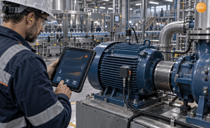 Técnico monitorizando vibraciones y temperatura de un motor para detectar su deterioro mediante mantenimiento basado en la condición.