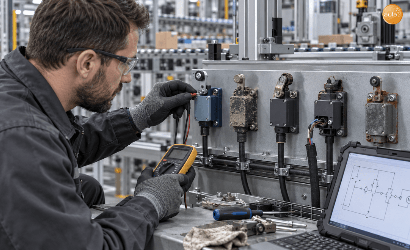 Técnico revisando un final de carrera averiado en una máquina industrial, con señales de desgaste, desalineación y problemas de cableado.