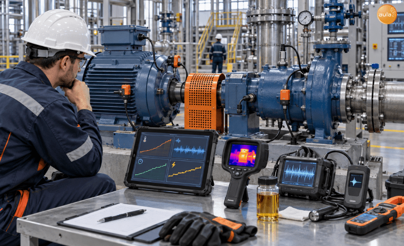Técnico utilizando análisis de vibraciones, termografía y otras técnicas para monitorizar la condición de maquinaria industrial.