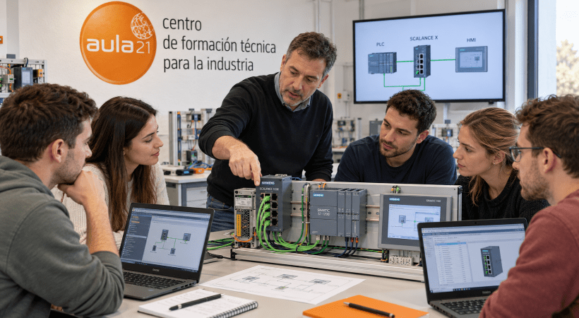 Profesor explicando un switch SCALANCE a cinco alumnos adultos en un aula técnica con el logo de aula21 en la pared.