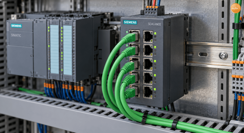 Switch SCALANCE de Siemens montado en carril DIN, con conexiones Ethernet industriales y un PLC SIMATIC a su lado.