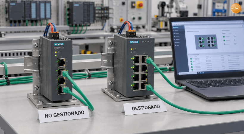 Switches SCALANCE X no gestionado y gestionado en un banco de prácticas, junto a un portátil con una interfaz de diagnóstico de red.