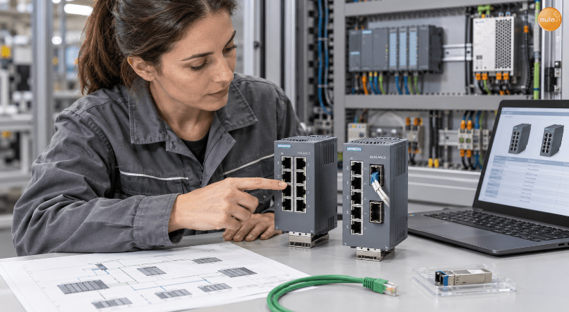 Técnica comparando puertos Ethernet y conexiones de fibra óptica de dos switches SCALANCE, con un esquema de red y fichas técnicas.