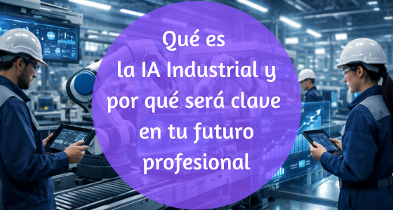 Planta industrial moderna con robots colaborativos y paneles digitales mostrando análisis de datos en tiempo real mediante IA Industrial