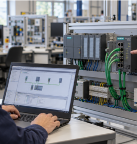 Técnico configurando un switch Siemens SCALANCE con TIA Portal durante una práctica de redes industriales Ethernet y PROFINET.