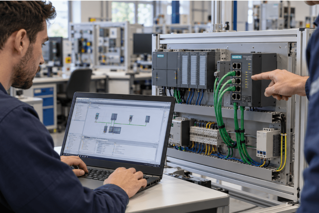 Técnico configurando un switch Siemens SCALANCE con TIA Portal durante una práctica de redes industriales Ethernet y PROFINET.